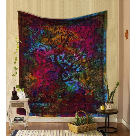 Tapis mural Arc-en-ciel Arbre de Vie Psychédélique, Coton Indien Couvre-lit Double 200x150 cm, Décoration Murale Plafond, Nappe Pique-nique (1/5)