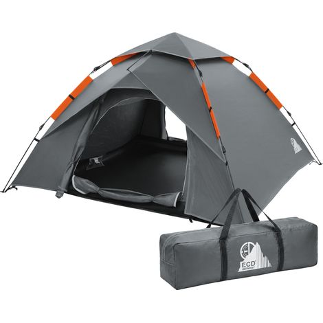 ECD Germany Tenda da Campeggio Pop Up per 3-4 Persone, Tenda a Cupola Impermeabile e Antivento, Grigio, Doppio Strato con 2 Porte, Tenda Outdoor Leggera per Trekking e Camping con Borsa da Trasporto