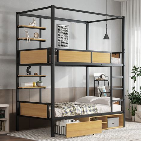 Letto a castello 90x200 cm con cassetto, mensola e scaffale per scarpe, struttura in metallo, scala stabile, design moderno, letto per bambini, nero e naturale