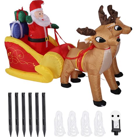 GARRYFIZH Père Noël gonflable sur son traîneau avec rennes, 2,13 m (7 pieds), en fibre de polyester, décoration de jardin gonflable pour extérieur, prise européenne 220 V