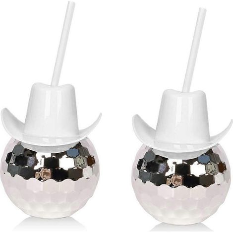 Lot de 2 gobelets à cocktail boule disco avec paille, gobelets à cocktail boule disco scintillante, gobelets chapeau de cowboy disco, gobelet à cocktail scintillant argenté et blanc (1/5)