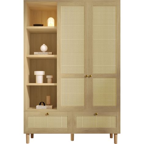 Kleiderschrank mit 2 Türen und Rattan-Flechtung, Landhausstil in Eicheoptik, offene Ablage, Regalfächer, Kleiderstange, 2 Schubladen, Kippsicherung, 180x120x50 cm (1/5)