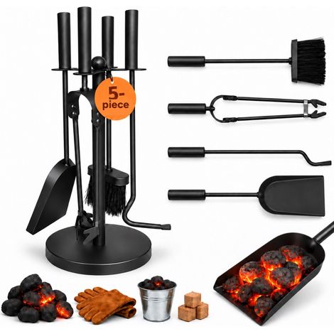 Relaxdays Fireplace Set, 5 Pieces Fire Accessories with Poker, Shovel, Broom, Tongs & Stand, Steel, 50x20x20 cm, Black (1/5)