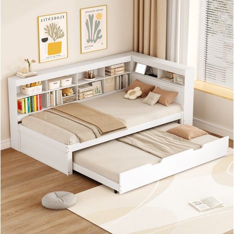 DESVIAE Lit banquette gigogne 90 x 200 cm avec lit extensible 90 x 190 cm prise USB rangements intégrés bois blanc (1/5)
