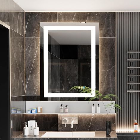 Miroir LED 50 x 70 cm,rectangulaire,antibuée,intensité Variable 3 Couleurs,éclairage Avant et arrière,IRC 90+,IP44 Verre Trempé HD Miroir-Mural,Bouton Tactile, Horizontal/Vertical. (1/5)
