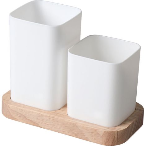 Organisateur de couverts avec base en bois, grand compartiment de rangement, design ouvert, porte-ustensiles de cuisine à 2 compartiments
