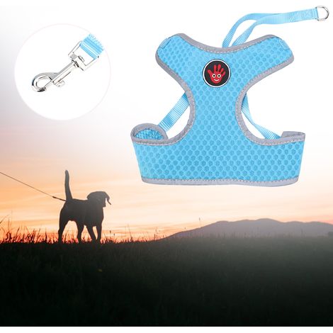 Harnais de poitrine pour animaux de compagnie en maille respirante polyester, style gilet, avec laisse de traction pour chiens et chats (Bleu S) (1/5)