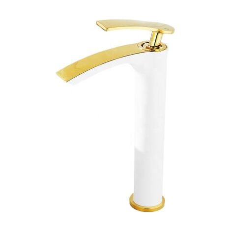 Robinet haut de comptoir à 1 poignée pour lavabo de salle de bain à trou unique Montage sur pont or blanc（version longue） (1/5)