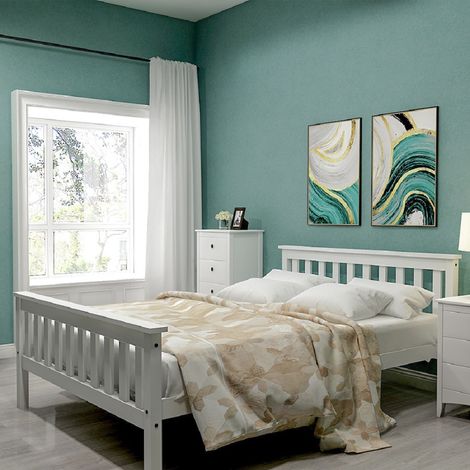 Modernluxe – Lit adulte en pin massif 140x200 cm – Sommier à lattes épais – Couleur blanche – Capacité de charge 150 kg (1/5)
