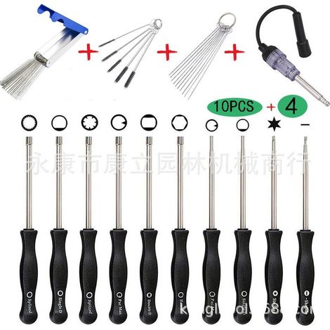 Lot de 10 tournevis pour réglage de carburateurs Walbro de petits moteurs à 2 temps de trononneuses/rotofils/etc. Husqvarna, Troy-Bilt, etc. avec trousse, brosse et kit d\'outils de nettoyage (1/5)