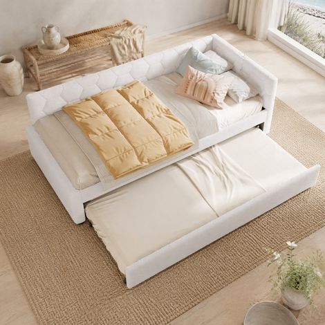 Letto a divano 90 x 200 cm con letto estraibile, luce, USB e Type-C, bouclé bianco REDOM (1/5)