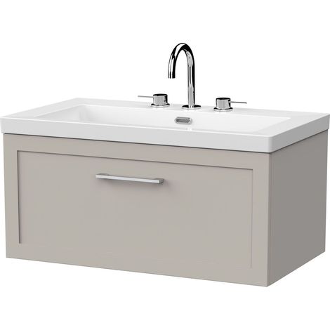 Stonnall Traditional Wall Hung 1 Drawer Vanity Unit with 3 Tap Hole Fireclay Basin, 800mm, Pebble Grey