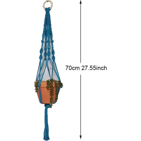 (Bleu 70 cm) Porte-plantes bohème coloré en macramé, tissé à la main en 100 % coton, panier suspendu pour plantes d'intérieur, bonsaï, décoration intérieure (1/4)