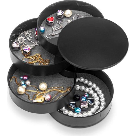 Coffret à Bijoux Noir, Petite Boîte à Bijoux pour Femmes, Support à Boucles d'Oreilles, Organiseur de Bijoux 4 Étagères Pivotantes avec Couvercle, Rangement Rotatif (1/5)