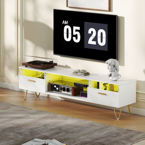 Meuble TV avec LED RGB de 16 couleurs meuble télé pour téléviseur jusqu'à 42 à 120 pouces, blanc, 160x35x42cm