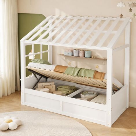 Cama cabaña infantil 90 x 200 cm con techo, ventana y almacenaje, blanco (1/5)
