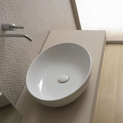 Lavabo EASY da Appoggio Ovale in Ceramica Bianco Lucido - L 55 x H 13,5 cm - Smaltato sui Lati (1/5)