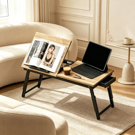 Bureau portable réglable en hauteur et inclinaison, table pliante avec tiroir et fonction inclinable, table de chevet multifonction pour lit (lot de 1) (1/5)