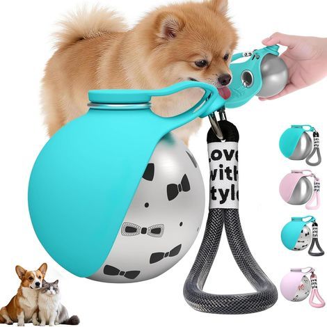 Dog Water Bottle for On-the-Go 285ml with Bow Tie Design - Stainless Steel Dog Water Bottle with Silicone Bowl - Dog Drink Bottle - Tiffany Blue (Print) (1/4)