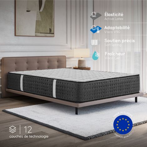 Matelas EQUINOX 160x200 cm-Hybride-Ressorts Ensachés-Mémoire de Forme-Mousse HR 35 kg-Latex-Confort mi-ferme-Réversible-30 cm