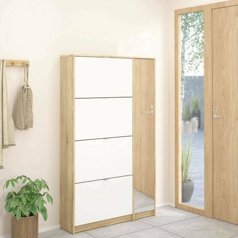 Dmora Schuhschrank mit vier Türen mit Spiegel, Eichenfarbe, Maße 99 x 162 x 24 cm (1/5)