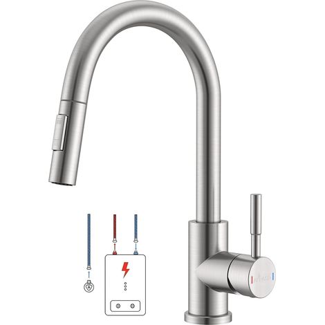 Robinet mitigeur d'évier de cuisine avec pulvérisateur extractible, robinet mitigeur de cuisine pivotant à 360 °, robinet de cuisine commercial à poignée unique avec 2 modes de pulvérisation (1/5)