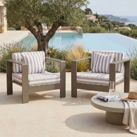 Lot de fauteuils de jardin en alu taupe et housse à rayures beiges