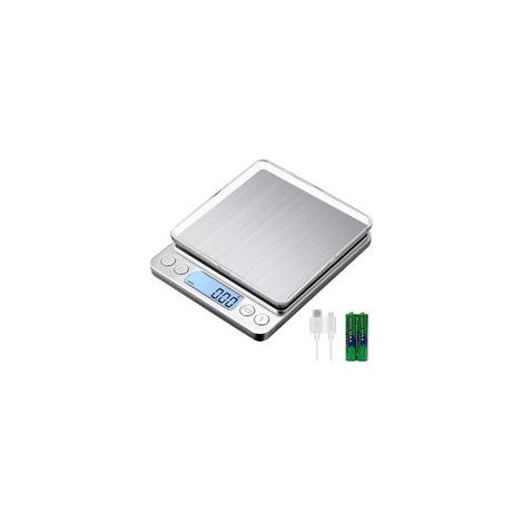 Balance de cuisine numérique rechargeable USB 3 kg / 0,1 g, précision pâtisserie, plateau en acier inoxydable, fonction tare –