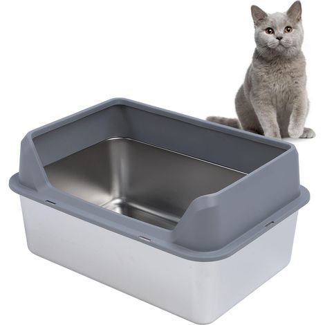 Bac à Litière pour Chat en Acier Inoxydable, Grand Bac à Litière de 19,7 X 13,8 X 5,9 Pouces, Bac à Litière en Métal à Côtés Hauts avec Pelle, Bac à Litière pour Chat à Entrée (1/5)