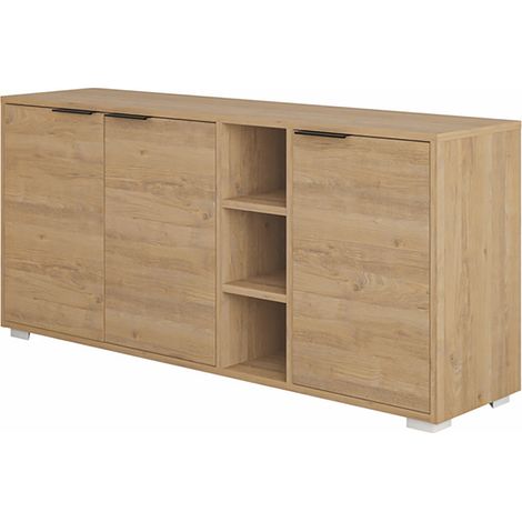 Buffet commode à 3 portes Meuble de rangement coloris Chêne - Longueur 142 x Hauteur 66 x Profondeur 36 cm (1/5)