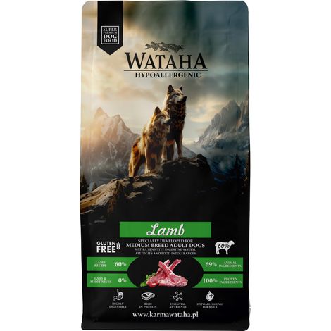 Alimento seco hipoalergénico Wataha para adultos, tamaño mediano/grande, sabor cordero con arroz, 6 kg.