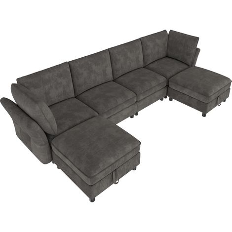 Sofá esquinero modular U/L gris de chenilla con 2 pufs y almacenaje, 6 plazas HOMVRA (1/5)
