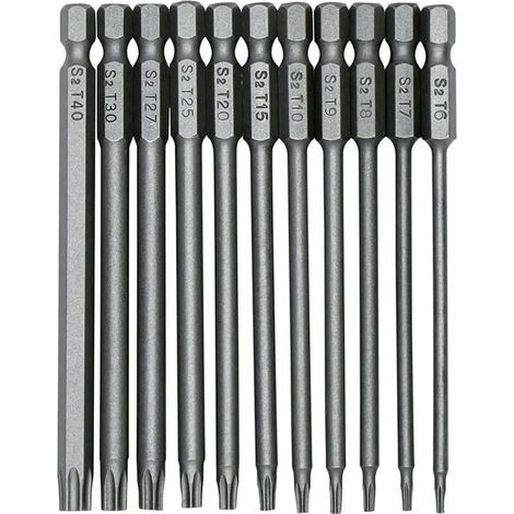 11 embouts de tournevis Torx S2 100 mm, tige hexagonale de 1/4 pouce, embout de tournevis de sécurité magnétique de précision T6-T40, tournevis à tête Torx longue. (1/5)
