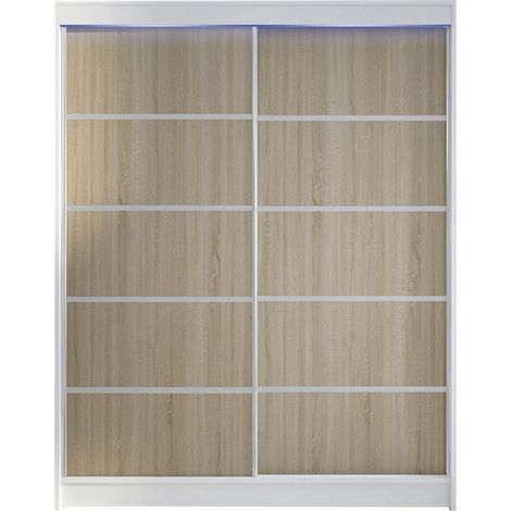 Armario Closico 145, Blanco + Roble Sonoma, 200x150x58cm, Puertas de armario: Correderas, Número de estantes: 5, LED (1/4)