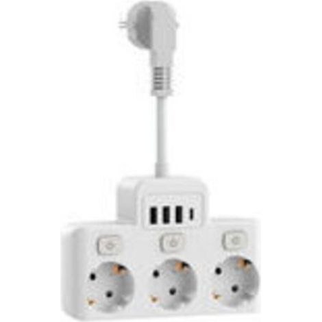 Multiprise électrique avec interrupteurs individuels – 3 prises + 4 ports USB, 4000 W / 16 A, câble court de 5 cm