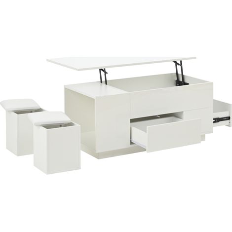 Table basse 4-en-1 100 x 50 x 45 cm, table de salon relevable en hauteur avec LED, 2 tiroirs, table laquée brillante avec canapé et 2 tabourets, table d’appoint avec rangement dissimulé, capacité de c