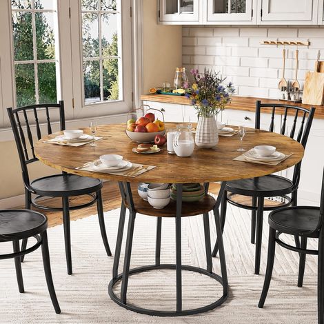 Tavolo da pranzo rotondo 120 cm con ripiano contenitore, stile industriale, per cucina e sala da pranzo, 4-6 persone - Effetto legno e Nero (1/5)