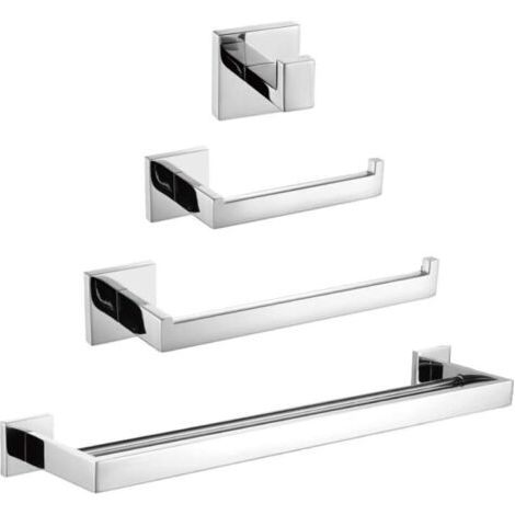 4 Accessoires de salle de bain muraux en acier inoxydable brossé antirouille, avec barre porte-serviettes, anneau porte-serviettes, support pour papier toilette, crochet (1/5)
