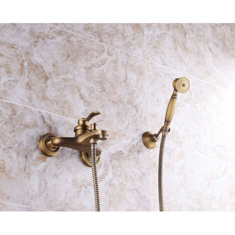 Robinet Baignoire Douche Rétro Laiton Doré 2 Trous 2 Poignées Mitigeur Mural Avec Douchette