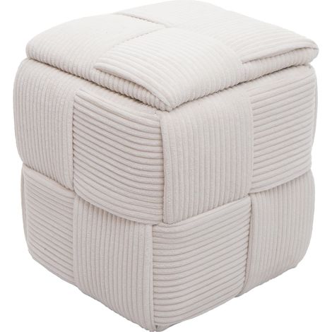 Hocker HHG-936, Sitzhocker Ottomane Polsterhocker Pouf, Deckel Staufach Stoff Cord (260g/m²) 43x40x40cm creme
