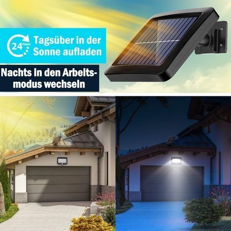 Solarbetriebene Außenstrahler mit 112 LEDs, Doppelscheinwerfer, Fernbedienung, Dämmerungssensor, 18 W, 800 lm, IP65 wasserdicht, für Garten, Terrasse und Garage (1/4)