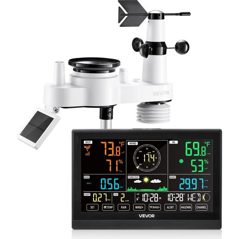 VEVOR Stazione Meteorologica Wireless Senza WIFI, Display VA 190,5 mm, Sensore Esterno a Energia Solare, Pluviometro, per Interni ed Esterni, 7 Funzioni per Previsioni del Tempo, Temperatura, Umidita (1/5)