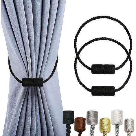 Lot de 2 attaches magnétiques pour rideaux - Crochet d'embrasse - Fixations pour rideaux - Attache - Cordon magnétique - Attaches - Supports - Câble en acier épais - Noir (1/4)