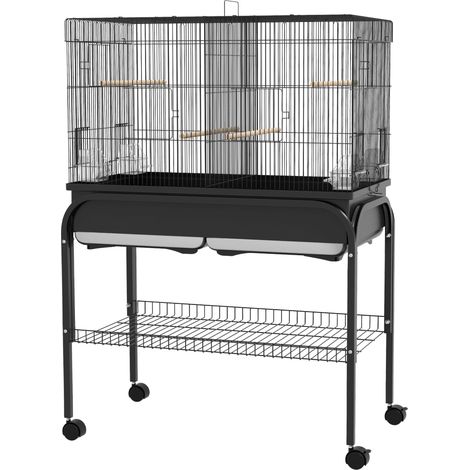Cage à oiseaux sur support roulettes 85 x 49 x 119 cm portes multiples étagère intégrée moderne scandinave en acier noir (1/5)