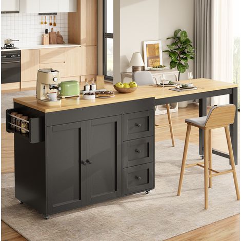 Mueble de cocina extensible con almacenaje, 116–179,5 cm, 3 cajones, ruedas, negro DESVIAE (1/5)