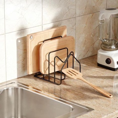 Porta tagliere a quattro scomparti, porta coperchi e porta cucchiai per cucina, per coperchi da 16-34 cm, porta barbecue, nero. (1/5)