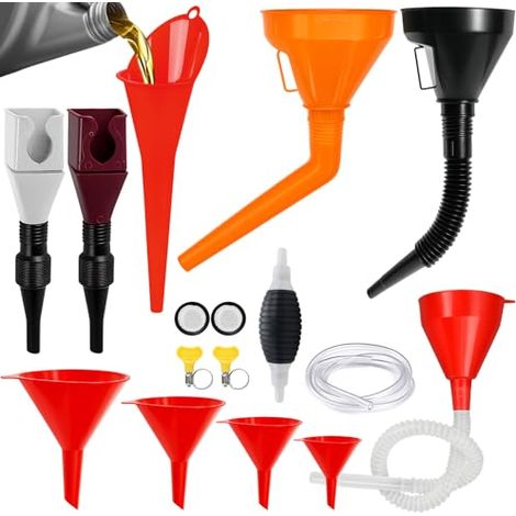 Lot de 14 Entonnoir Carburant, Universel Huile Moteur, Essence avec Pompe à Main, Flexible, Angle Droit, Tuyau et Filtre pour Essence, Huile, Liquide Refroidissement - (1/5)