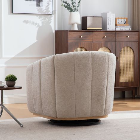 Tabouret pivotant 360° en tissu chenille beige, piètement métal, fauteuil club rembourré forme citrouille avec pompons, parfait pour salon, chambre ou séjour (1/5)