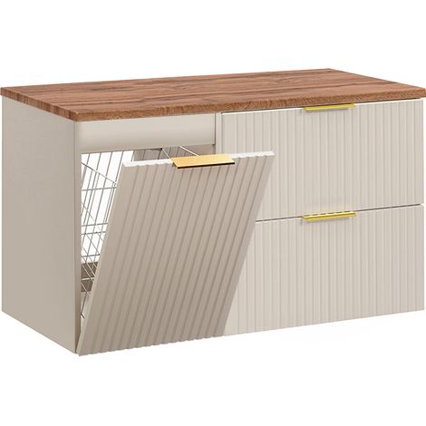 Meuble sous-vasque 100cm panier à linge Adriel Cachemire et Bois (1/3)