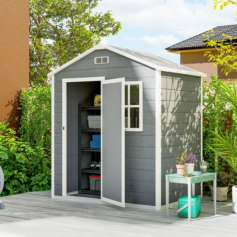 Cabane de jardin, Cabane en plastique avec sol, Fenêtre, Porte avec serrure et prises d‘air, Gris (1/5)